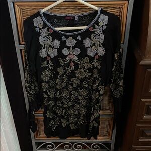 Johnny Was Black Top with Floral Embroidery